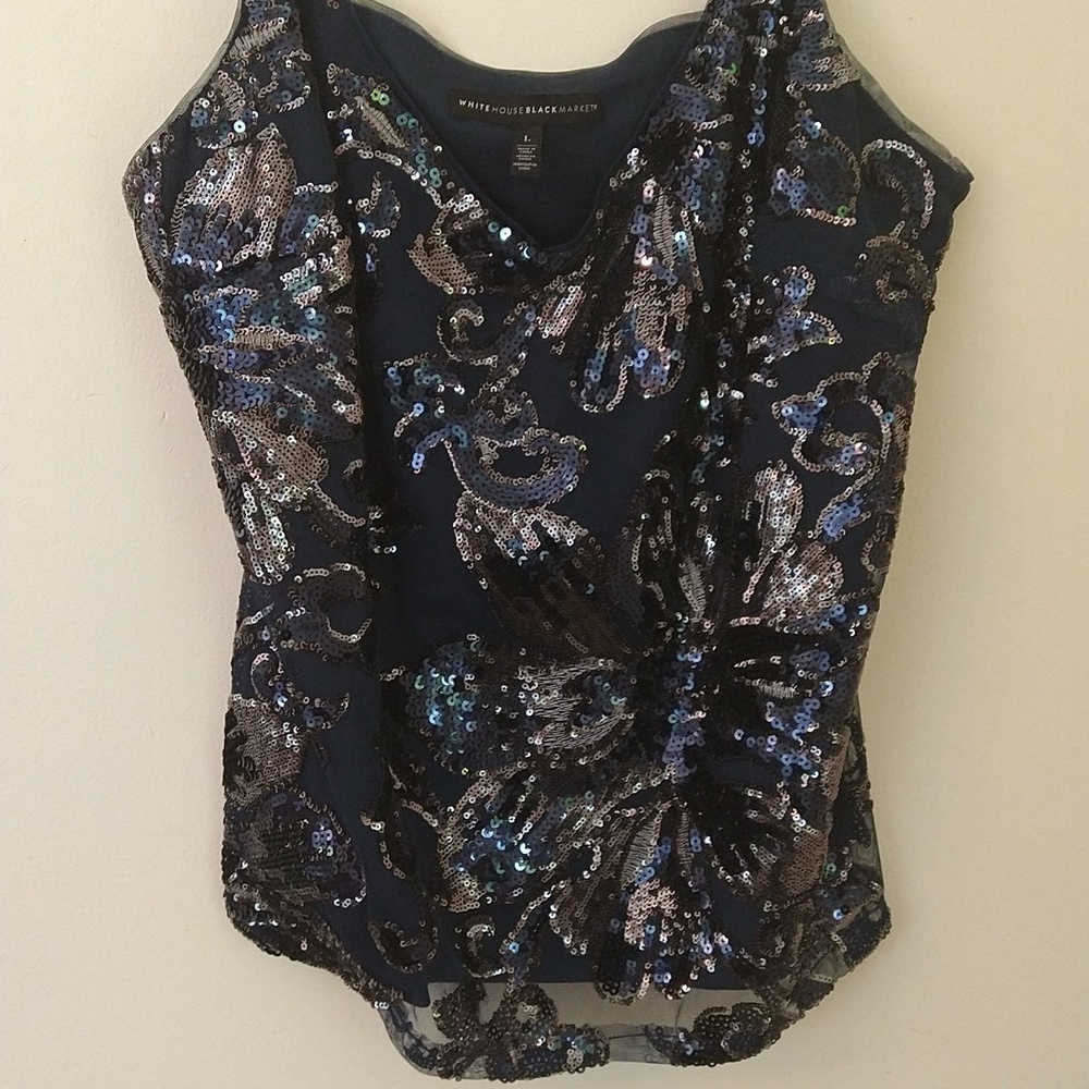 White House Black market large camisole adjustable straps Navy black mini sequin